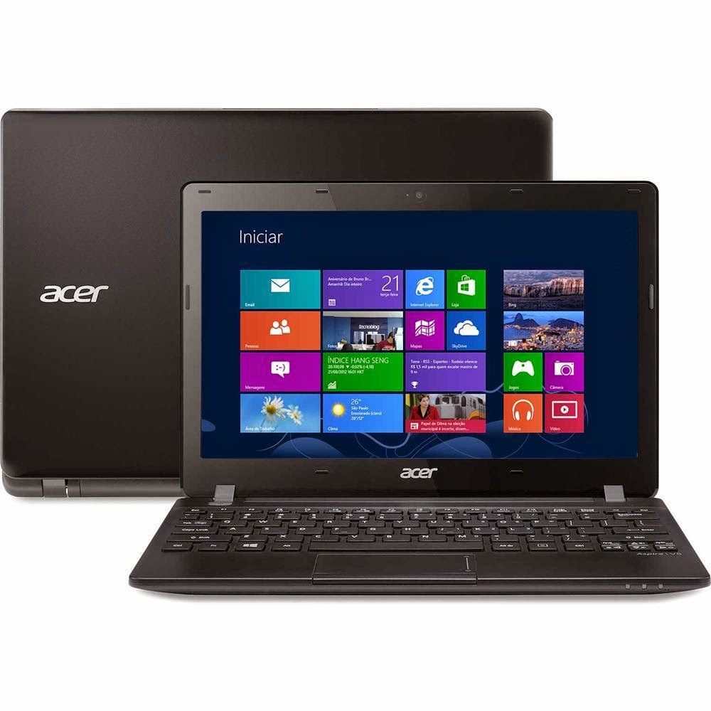 Conheça o Notebook Acer V5-123-3824 com Processador AMD Dual Core E1-2100, 2GB de memória, HD de 320GB, Tela de 11,6", Conexões USB e HDMI, Bateria de 4 Células, DVD-RW e Windows 8. BT Informática.