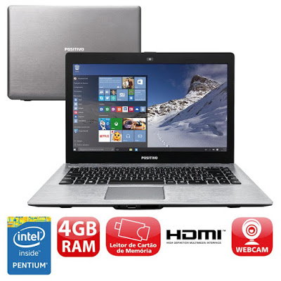 Conheça o Notebook Positivo Stilo XR5550 com processador Intel Pentium Quad Core (N3540 ) de 2.16 GHz a 2.66 GHz e 2 MB cache, 4GB de memória, HD de 500GB, Tela LED de 14", Conexões USB e HDMI, Não possui Drive de DVD, Bateria de 2 células, Peso aproximado de 1,58kg e Windows 10.