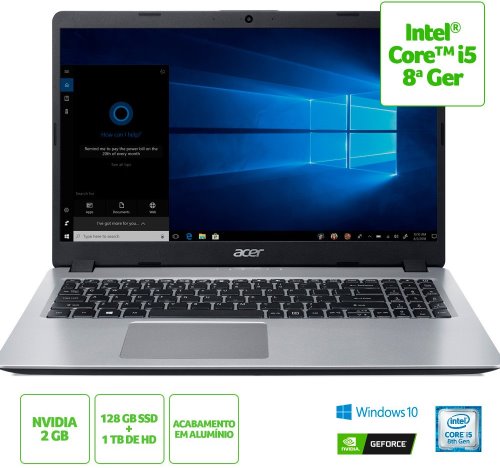 O Notebook Acer Aspire 5 A515-52G-50NT possui processador Intel Core i5 (8265U) de 1.6 GHz a 3.9 GHz e 6MB cache, 8GB de memória RAM (DDR4 2400MHz - expansível até 32GB sendo 2 slots soDIMM), SSD de 128GB + HD de 1 TB (5.400 RPM), Tela LED HD de 15,6" e resolução máxima de 1366 x 768, Placa de Vídeo integrada Intel UHD Graphics 620 e NVIDIA Geforce MX130 com 2GB de memória dedicada (GDDR5), Conexões USB e HDMI, Wi-Fi 802.11 b/g/n/ac, Webcam (720p), Não possui Drive de DVD, Bateria de 3 células (48Wh), Slot M.2 2280 compatível com SSD SATA III até 512 GB (slot ocupado pelo SSD), Peso aproximado de 1,8kg e Windows 10 64 bits.