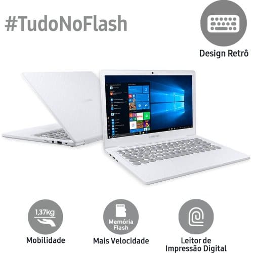 O Notebook Samsung Flash F30 NP530XBB-AD2BR com processador Intel Celeron Dual Core (N4000) de 1.1 GHz a 2.6 GHz e 4 MB cache, 4GB de memória RAM (LPDDR4 2133 MHz), SSD de 128GB, Tela LED Full HD de 13,3" antirreflexiva com resolução máxima de 1920 X 1080, Placa de Vídeo integrada Intel UHD Graphics 600, Conexões USB e HDMI, Wi-Fi 802.11 b/g/n/ac, Webcam (VGA) com microfone, Não possui Drive de DVD, Bateria de 39 Wh, Peso aproximado de 1,37kg e Sistema Operacional Windows 10 64 bits.