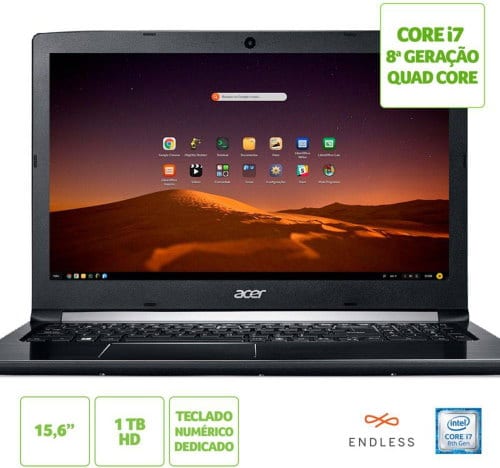 O Notebook Acer Aspire 5 A515-51-C0ZG NX.GZ0AL.001 possui processador Intel Core i7 (8550U - 8ª geração) de 1.8 GHz a 4 GHz e 8MB cache, 8GB de memória RAM (DDR4 2400MHz - expansível até 20GB sendo 1 slot soDIMM), HD de 1 TB (5.400 RPM), Tela LED HD de 15,6" e resolução máxima de 1366 x 768, Placa de Vídeo integrada Intel UHD Graphics 620, Conexões USB e HDMI, Wi-Fi 802.11 b/g/n/ac, Webcam (720p), Não possui Drive de DVD, Bateria de 4 células, Slot M.2 2280 compatível com SSD SATA III até 512 GB, Peso aproximado de 2,1kg e Linux Endless.