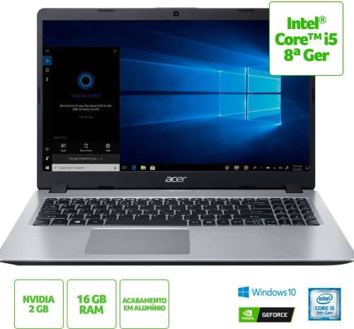 O Notebook Acer Aspire 5 A515-52G-57NL NX.HD9AL.002 possui processador Intel Core i5 (8265U) de 1.6 GHz a 3.9 GHz e 6MB cache, 16GB de memória RAM (DDR4 2400MHz - expansível até 32GB sendo 2 slots soDIMM), HD de 1 TB (5.400 RPM), Tela LED HD de 15,6" e resolução máxima de 1366 x 768, Placa de Vídeo integrada Intel UHD Graphics 620 e NVIDIA Geforce MX130 com 2GB de memória dedicada (GDDR5), Conexões USB e HDMI, Wi-Fi 802.11 b/g/n/ac, Webcam (720p), Não possui Drive de DVD, Bateria de 4 células (48Wh - 3220 mAh), Slot M.2 2280 compatível com SSD SATA III até 512 GB, Peso aproximado de 1,8kg e Windows 10 64 bits.