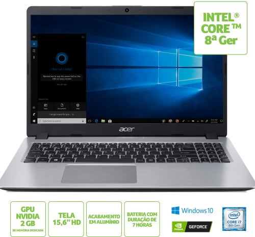 O Notebook Acer Aspire 5 A515-52G-78HE NX.HD9AL.004 possui processador Intel Core i7 (8565U) de 1.8 GHz a 4.6 GHz e 8MB cache, 8GB de memória RAM (DDR4 2400MHz - expansível até 32GB sendo 2 slots soDIMM), SSD de 128GB M.2 + HD de 1 TB (5.400 RPM), Tela LED HD de 15,6" com borda fina e resolução máxima de 1366 x 768, Placa de Vídeo integrada Intel UHD Graphics 620 e NVIDIA Geforce MX130 com 2GB de memória dedicada (GDDR5), Conexões USB e HDMI, Wi-Fi 802.11 b/g/n/ac, Webcam (720p), Não possui Drive de DVD, Bateria de 3 células, Slot M.2 2280 compatível com SSD SATA III até 512 GB (slot ocupado pelo SSD), Peso aproximado de 1,8kg e Windows 10 64 bits.