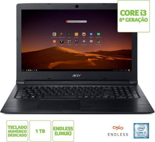 Conheça o Notebook Acer Aspire 3 A315-53-365Q NX.H3PAL.005 com processador Intel Core i3 (8130U) de 2.2 GHz a 3.4 GHz e 4 MB cache, 4GB de memória RAM (DDR4 2400 MHZ- 4GB soldado e expansível até 12GB sendo 1 slot disponpível), HD de 1 TB (5.400 RPM), Tela LED HD de 15,6" antirreflexiva com resolução máxima de 1366 x 720, Placa de Vídeo integrada Intel UHD Graphics 620, Conexões USB e HDMI, Wi-Fi 802.11 b/g/n/ac, Não possui Drive de DVD, Bateria de 3 células (37Wh - 4810mAh), slot M.2 para a instalação de unidades SSD tamanho 2280 e 2240 que utilizem barramento SATA, Peso aproximado de 2,1kg e Sistema Operacional Linux Endless.