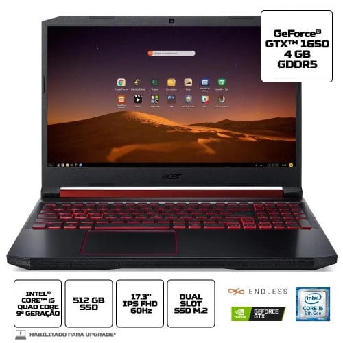 O Notebook Gamer Acer Nitro 5 AN517-51-50JS possui processador Intel Core (i5-9300H) de 2.40 GHz a 4.10 GHz e 8 MB cache, memória de 8 GB DDR4, SSD de 512GB, Tela 17.3" polegadas IPS (In-Plane Switching) Full HD (1920 x 1080 pixels) de 60 Hz e Tempo de resposta de 25~27ms, Anti reflexiva, Ultra-slim Placa de Vídeo NVIDIA® GeForce GTX™ 1650 com memória dedicada VRAM de 4GB GDDR5, Conexões USB e HDMI, placa de rede wireless, bluetooth v5.0, Não possui Drive de DVD, Bateria de 4 células, Peso aproximado de 2,70Kg e Sistema Operacional Endless OS de 64 bits. 