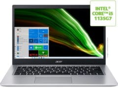 O Notebook Acer Aspire 5 A514-54-54LT NX.AUKAL.003 possui processador Intel Core i5 (1135G7) de 2.40 GHz a 4.20 GHz e 8 MB cache, 8 GB DDR4 2133Mhz (4GB Soldada + 4GB Módulo) sendo expansível até 20GB, SSD de 256GB PCIe 3.0 x4 NVMe (M.2 2280), Tela de 14" Full HD antirreflexiva com resolução máxima de 1920x1080 pixels, Placa de Vídeo Intel® Iris® Xe Graphics, Conexões USB e HDMI, placa de rede wireless, bluetooth v5, Não possui Drive de DVD, Bateria de 3 células 48Wh, Peso aproximado de 1,9kg e Sistema Operacional Windows® 10 Home de 64 bits.
