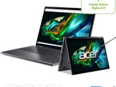 O Notebook Acer Aspire 5 Spin A5SP14-51MTN-5621 possui processador Intel Core i5 (1335U) de 1.3 GHz a 4.60 GHz e 12 MB cache, memória de 8 GB LPDDR5 6400 MHz, SSD de 512GB NVMe, Tela Touch de 14" FHD WUXGA Touch com resolução máxima de 1920x1080 pixels, Placa de Vídeo Intel® Iris® Xe Graphics, Conexões USB e HDMI, placa de rede wireless, bluetooth v5.1, Não possui Drive de DVD, Bateria de 3 células, Peso aproximado de 1,60Kg e Sistema Operacional Windows® 11.