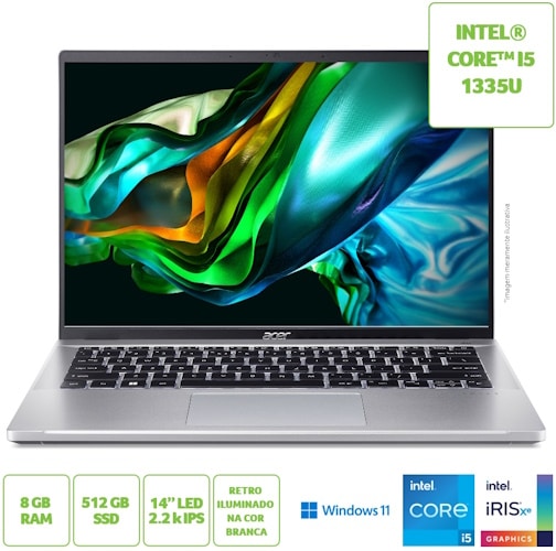 O Notebook Acer Swift Go SFG14-71-5931 possui processador Intel Core i5 (1335U) de 1.3 GHz a 4.60 GHz e 12 MB cache, memória de 8 GB LPDDR5 4800 MHz, SSD de 512GB NVMe, Tela Touch de 14" IPS WUXGA Touch com resolução máxima de 2240x1400 pixels, Placa de Vídeo Intel® Iris® Xe Graphics, Conexões USB e HDMI, placa de rede wireless, bluetooth v5.1, Não possui Drive de DVD, Bateria de 50 Wh, Peso aproximado de 1,30Kg e Sistema Operacional Windows® 11.